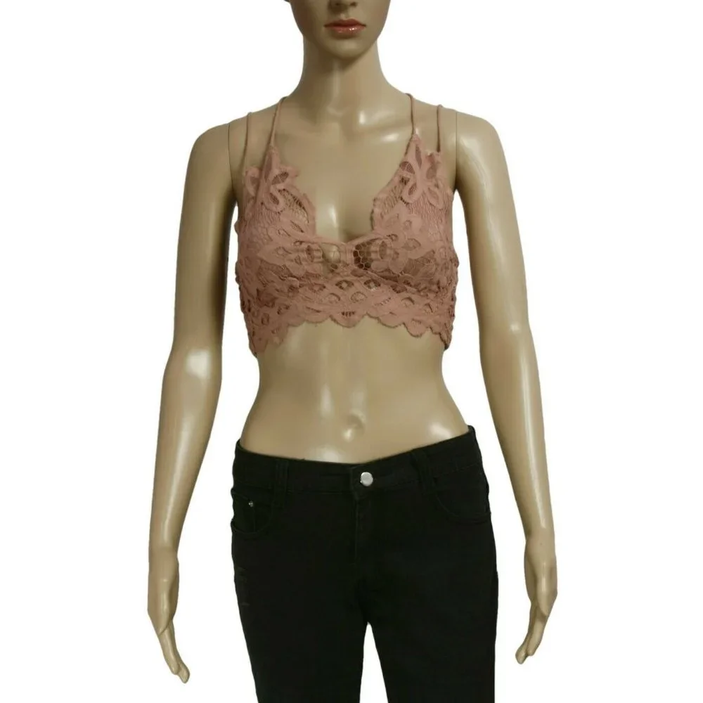 Free People Fp One Adella Bralette Lace Criss Cross Smocked Rose Bra Top L
